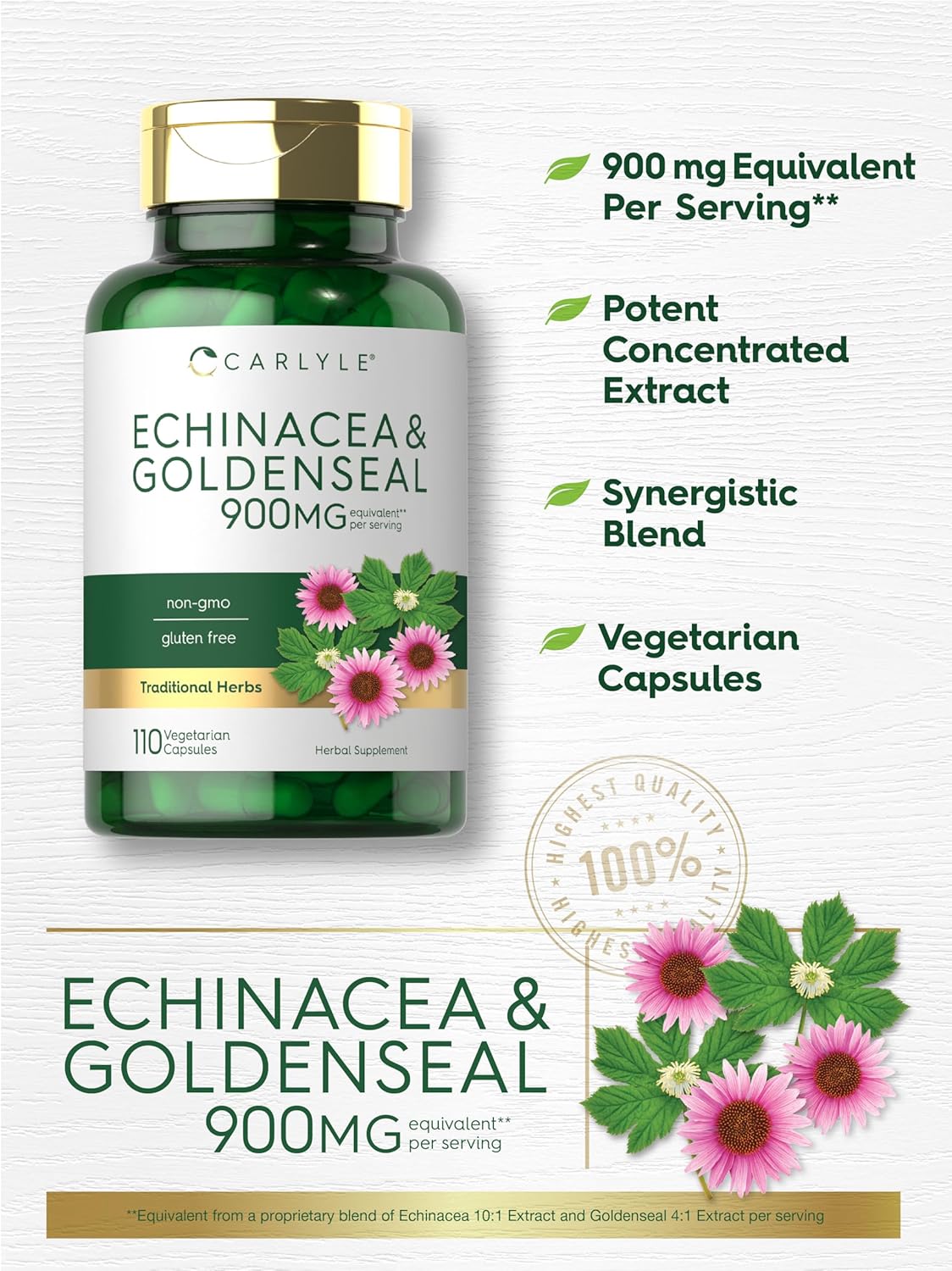 Carlyle Echinacea Goldenseal Capsules - 110 Count - Vegetarian, Non-GMO, Gluten Free Supplement
