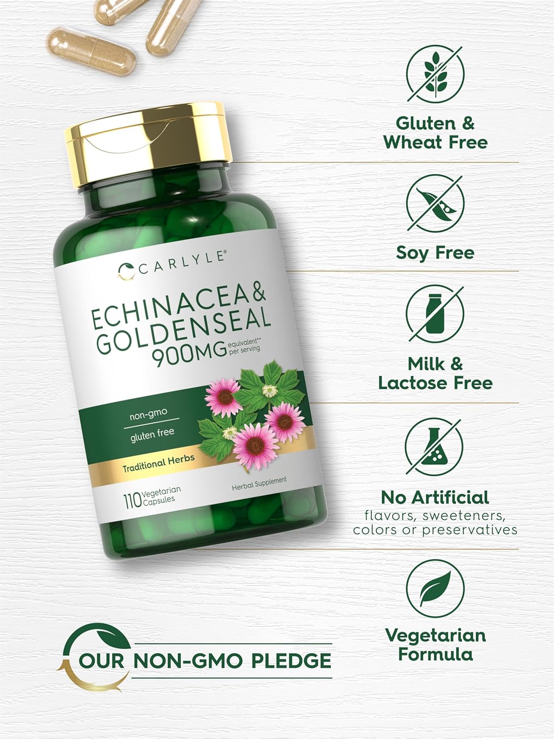 Carlyle Echinacea Goldenseal Capsules - 110 Count - Vegetarian, Non-GMO, Gluten Free Supplement