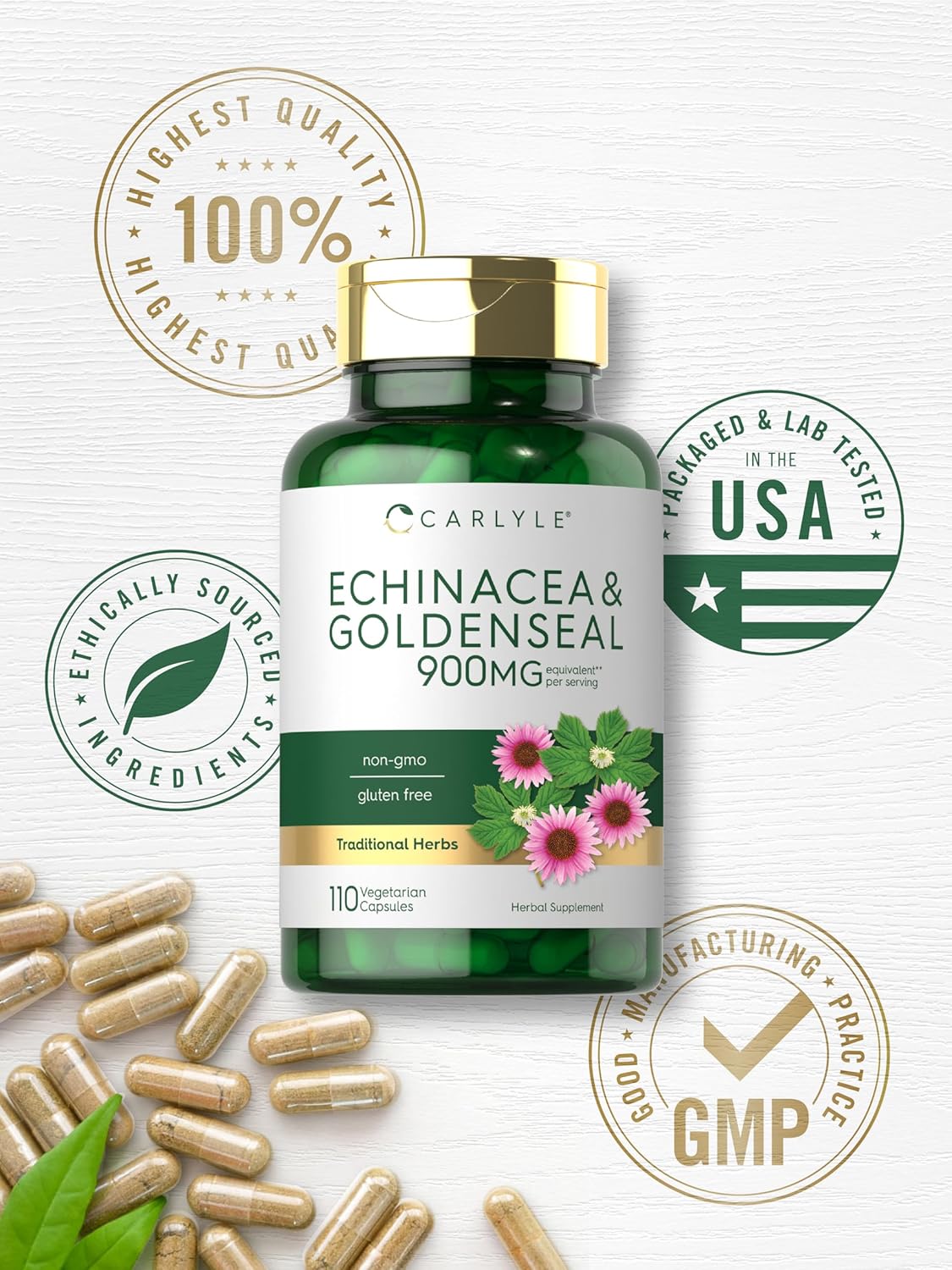Carlyle Echinacea Goldenseal Capsules - 110 Count - Vegetarian, Non-GMO, Gluten Free Supplement