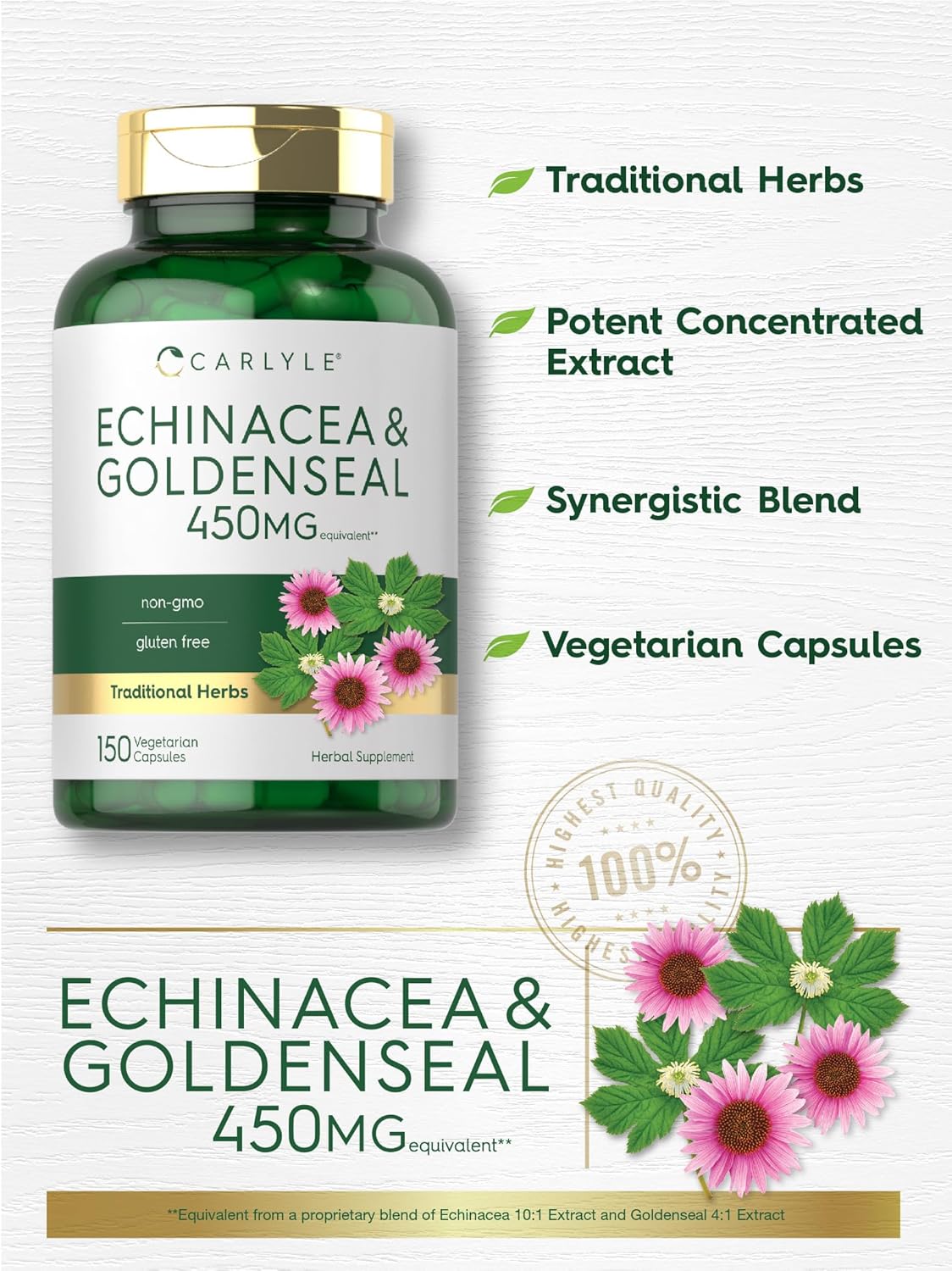 Carlyle Echinacea Goldenseal Capsules - 150 Count - Vegetarian, Non-GMO, Gluten Free - Immune Support Supplement