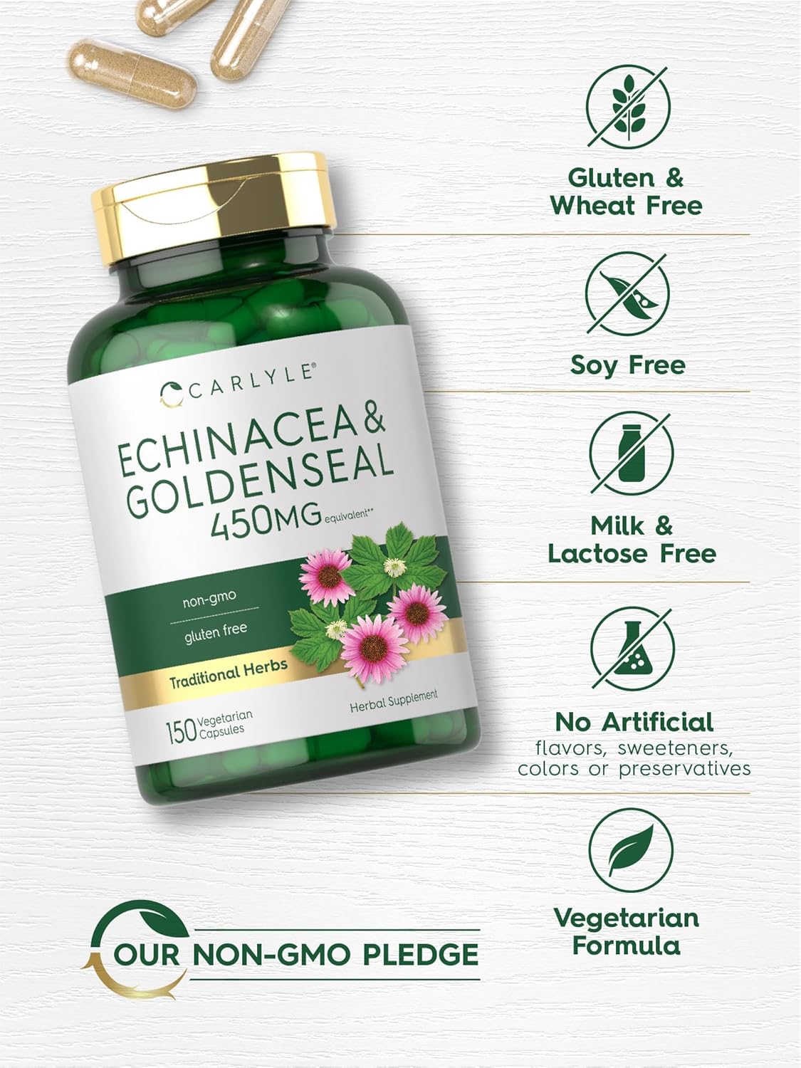 Carlyle Echinacea Goldenseal Capsules - 150 Count - Vegetarian, Non-GMO, Gluten Free - Immune Support Supplement