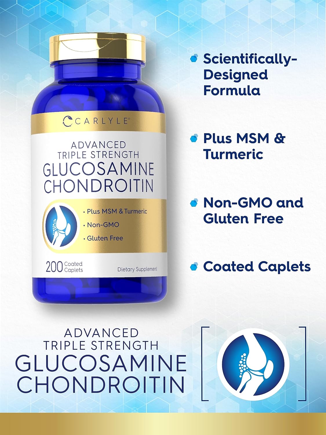 Carlyle Glucosamine Chondroitin MSM Turmeric 200 Count Triple Strength Supplement | Non-GMO & Gluten Free - BoostGo Australia