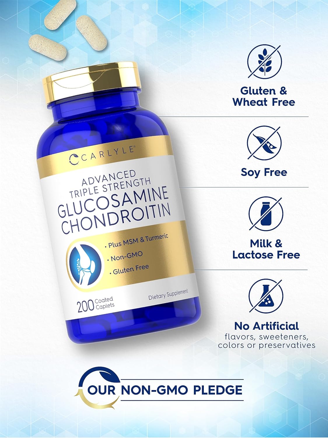 Carlyle Glucosamine Chondroitin MSM Turmeric 200 Count Triple Strength Supplement | Non-GMO & Gluten Free - BoostGo Australia