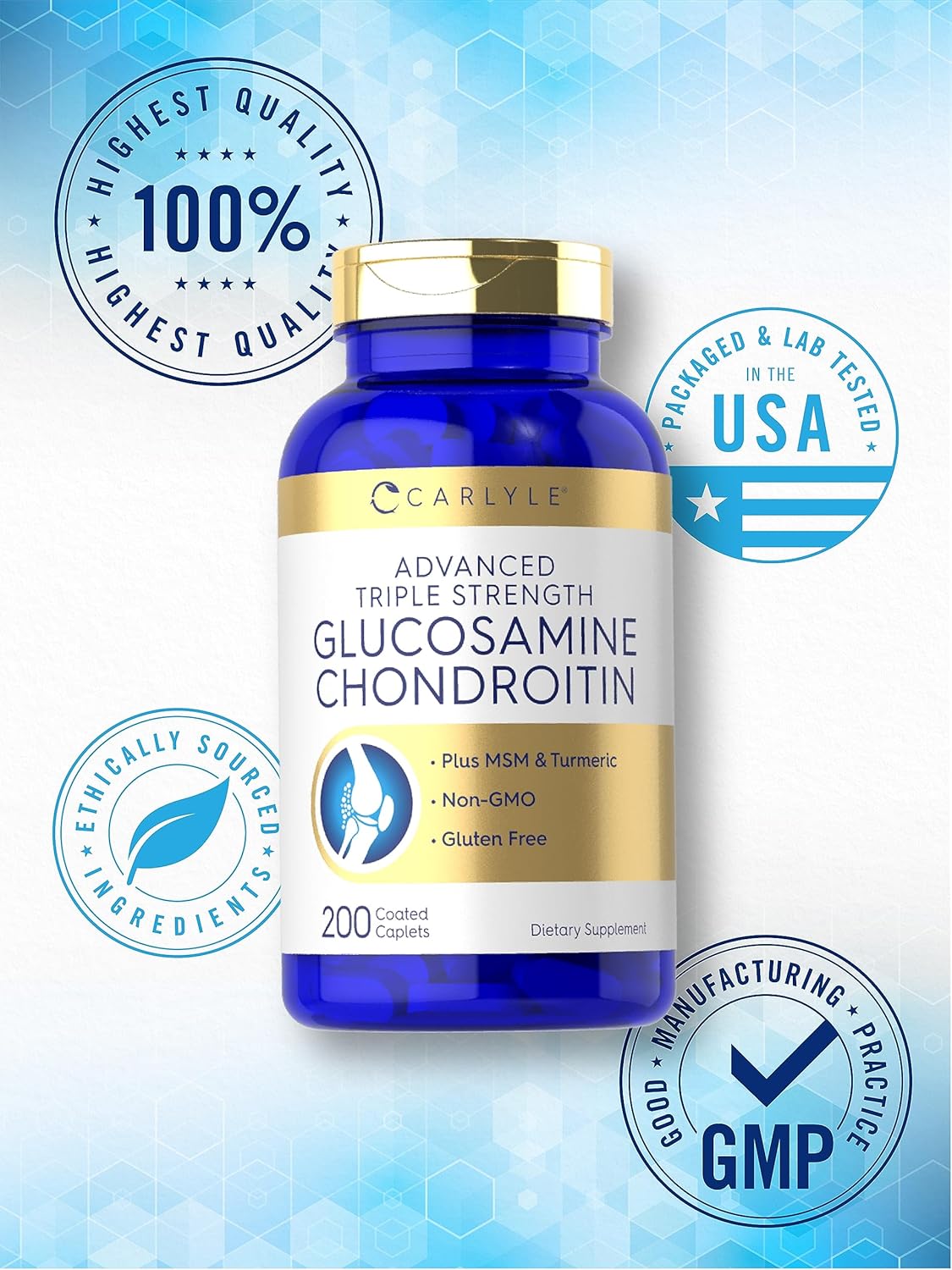 Carlyle Glucosamine Chondroitin MSM Turmeric 200 Count Triple Strength Supplement | Non-GMO & Gluten Free - BoostGo Australia