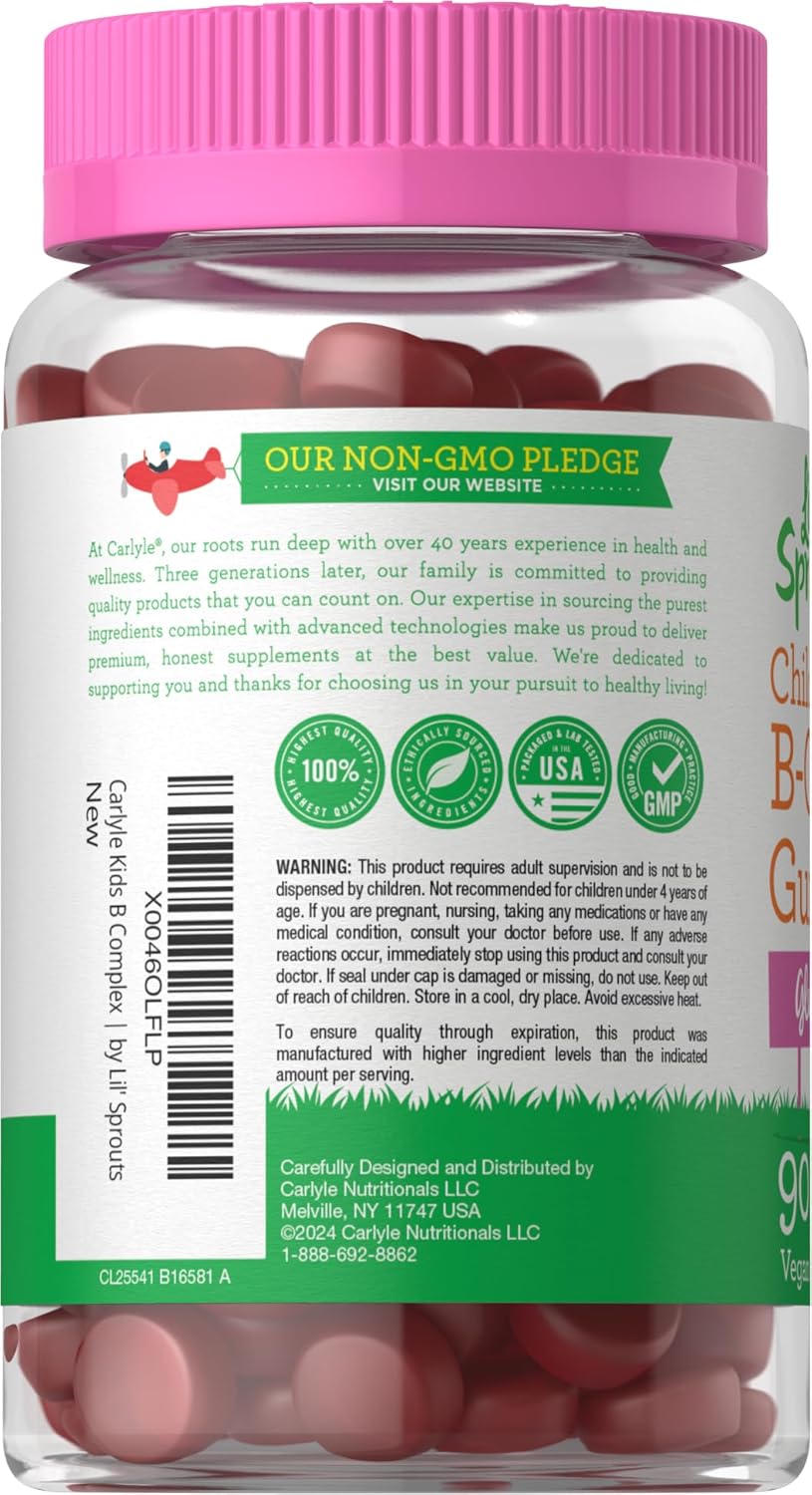 Carlyle Kids B Complex Gummies - 90 Count - Peach Raspberry Flavored - Non-GMO, Gluten Free & Vegan - Lil' Sprouts Brand