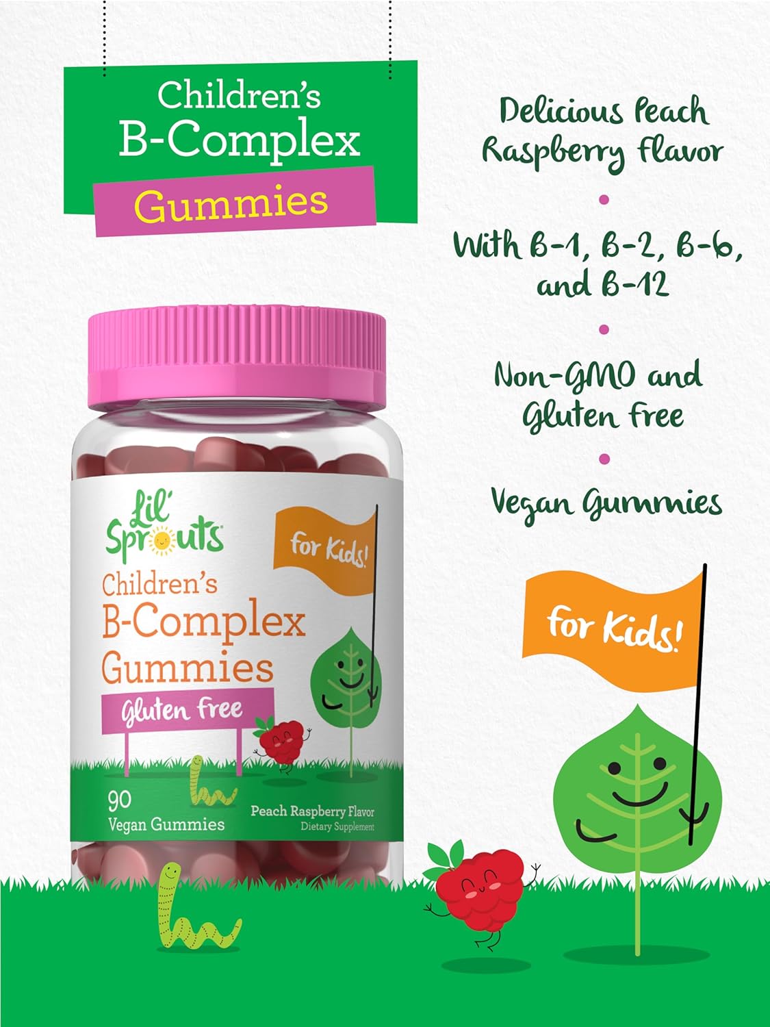 Carlyle Kids B Complex Gummies - 90 Count - Peach Raspberry Flavored - Non-GMO, Gluten Free & Vegan - Lil' Sprouts Brand