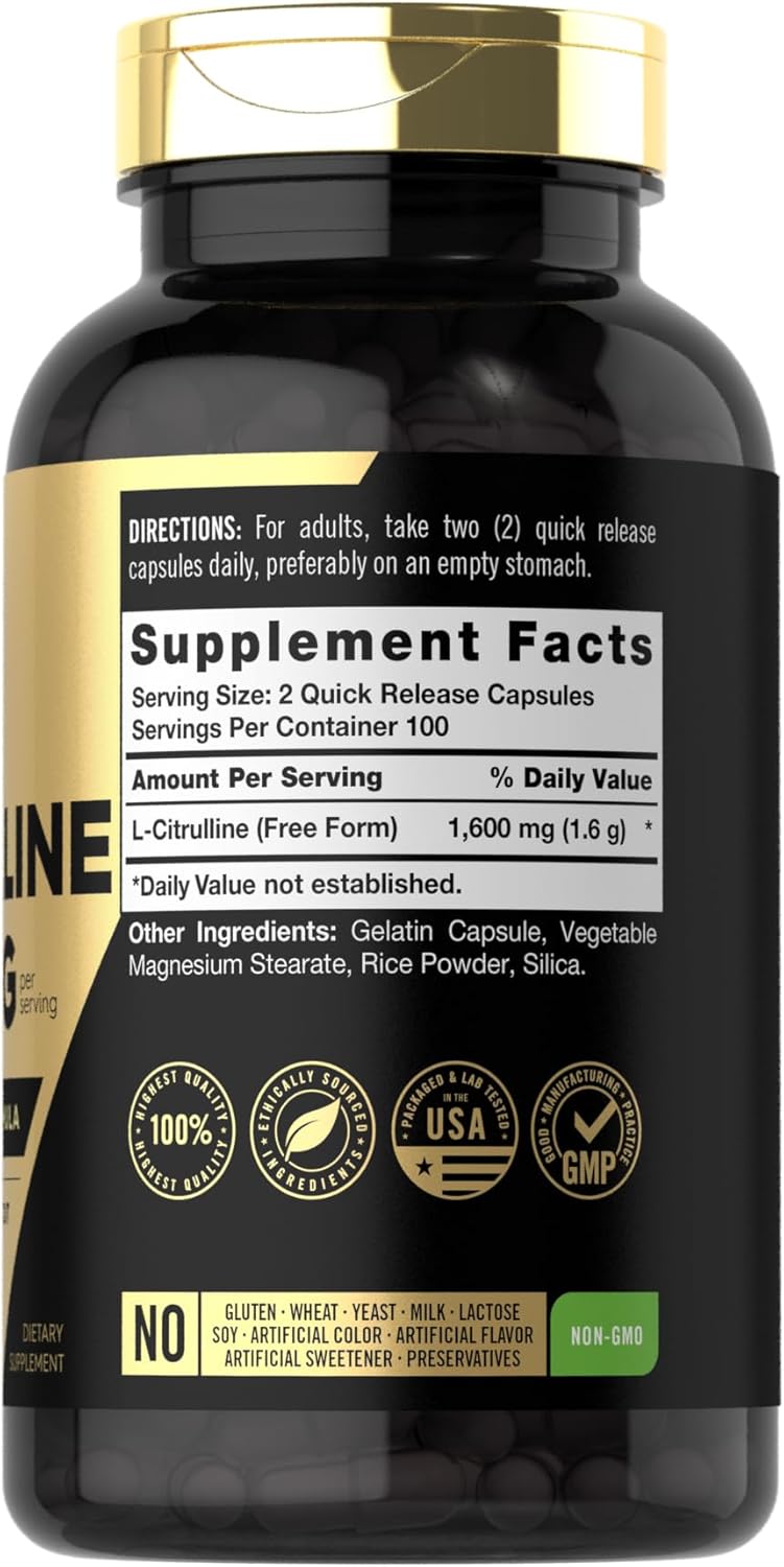Carlyle L Citrulline Supplement 1600mg 200 Powder Capsules Men Women Athlete Formula Non-GMO Gluten Free