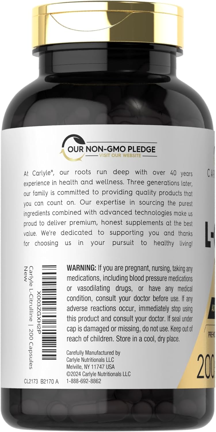 Carlyle L Citrulline Supplement 1600mg 200 Powder Capsules Men Women Athlete Formula Non-GMO Gluten Free