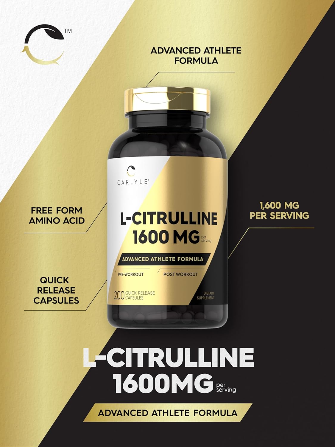 Carlyle L Citrulline Supplement 1600mg 200 Powder Capsules Men Women Athlete Formula Non-GMO Gluten Free