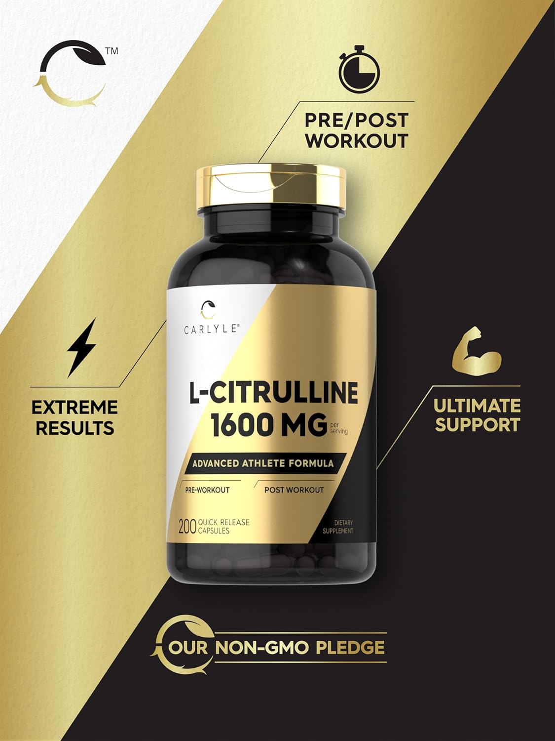 Carlyle L Citrulline Supplement 1600mg 200 Powder Capsules Men Women Athlete Formula Non-GMO Gluten Free