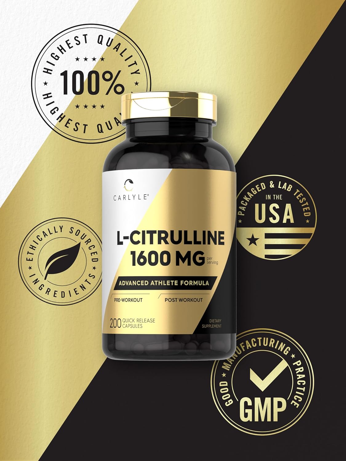 Carlyle L Citrulline Supplement 1600mg 200 Powder Capsules Men Women Athlete Formula Non-GMO Gluten Free
