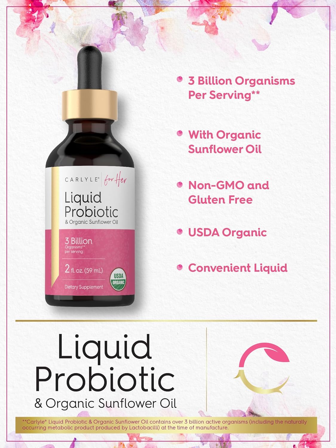 Carlyle Liquid Probiotic for Women - 2 fl oz - Organic Sunflower Oil - 3 Billion Active Organisms - Dietary Supplement - BoostGo Australia