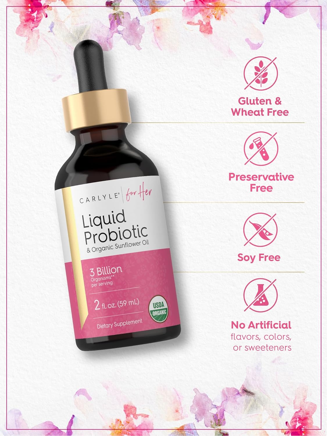 Carlyle Liquid Probiotic for Women - 2 fl oz - Organic Sunflower Oil - 3 Billion Active Organisms - Dietary Supplement - BoostGo Australia