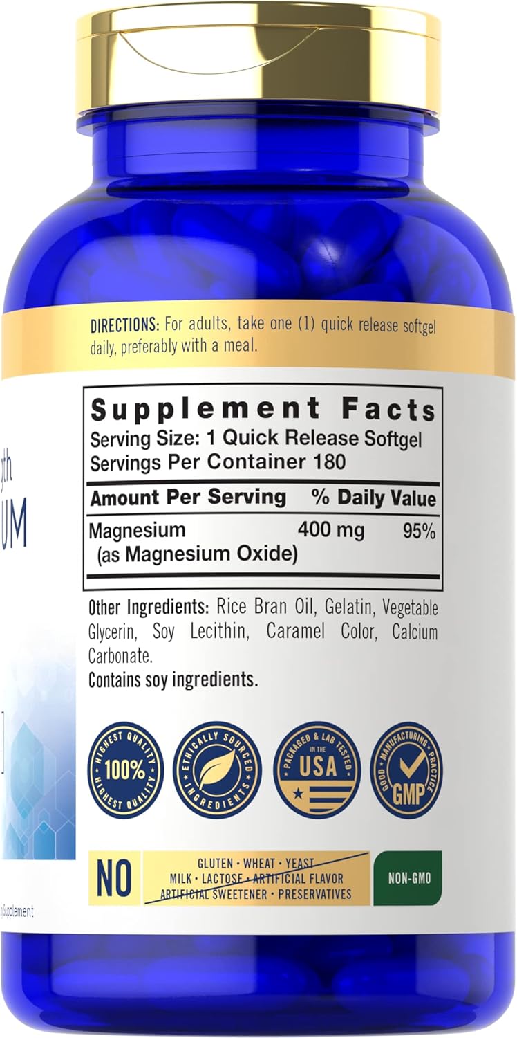 Carlyle Magnesium Oxide 400mg Softgels - 180 Count - Non-GMO Gluten Free Mineral Supplement