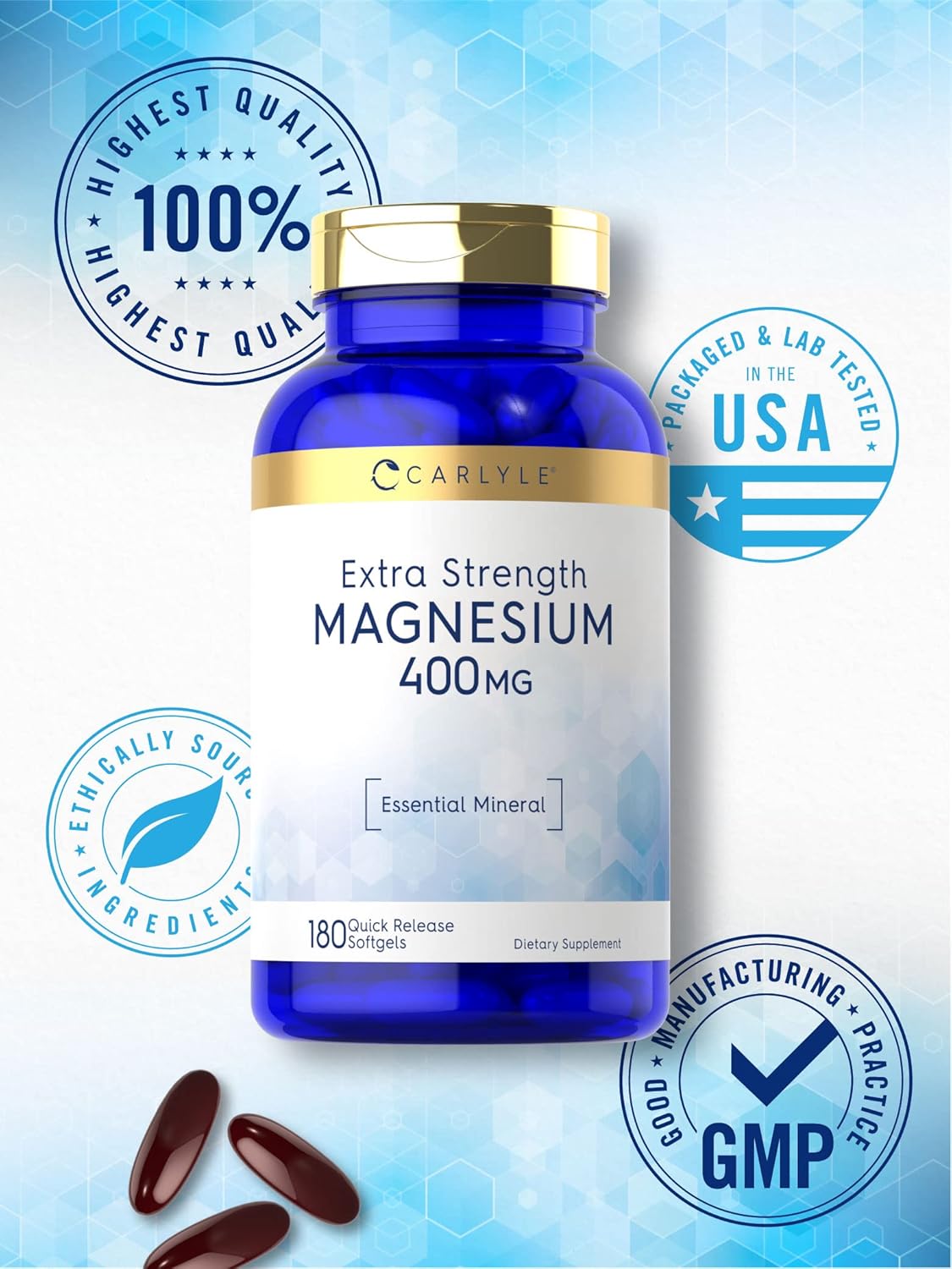 Carlyle Magnesium Oxide 400mg Softgels - 180 Count - Non-GMO Gluten Free Mineral Supplement