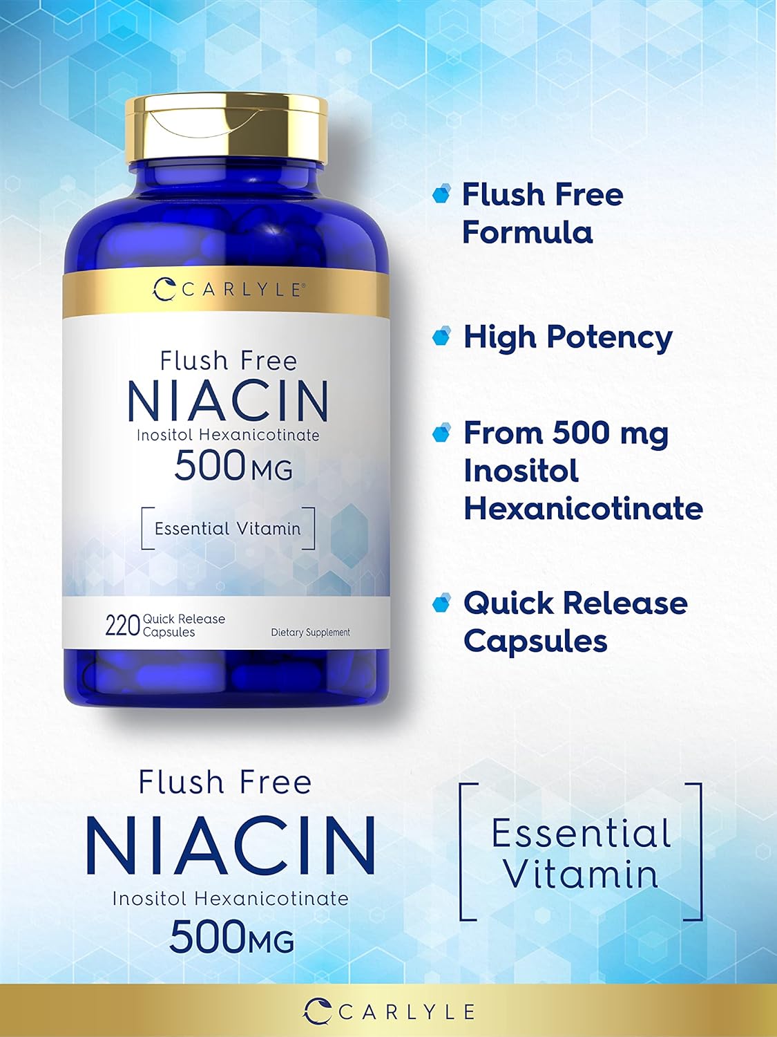 Carlyle Niacin 500mg Capsules | Flush-Free | 220 Count | Non-GMO & Gluten-Free Niacin Vitamin
