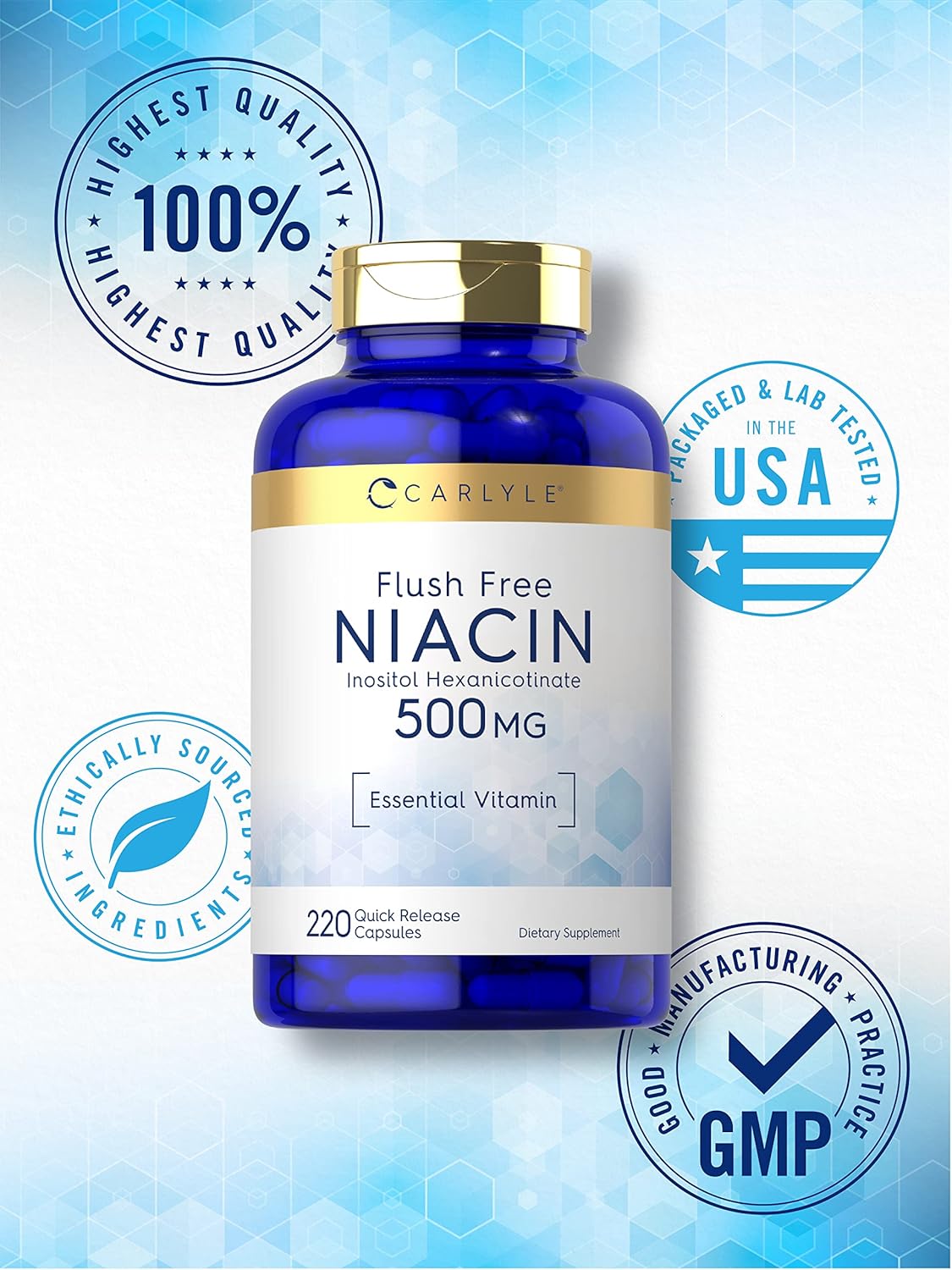Carlyle Niacin 500mg Capsules | Flush-Free | 220 Count | Non-GMO & Gluten-Free Niacin Vitamin