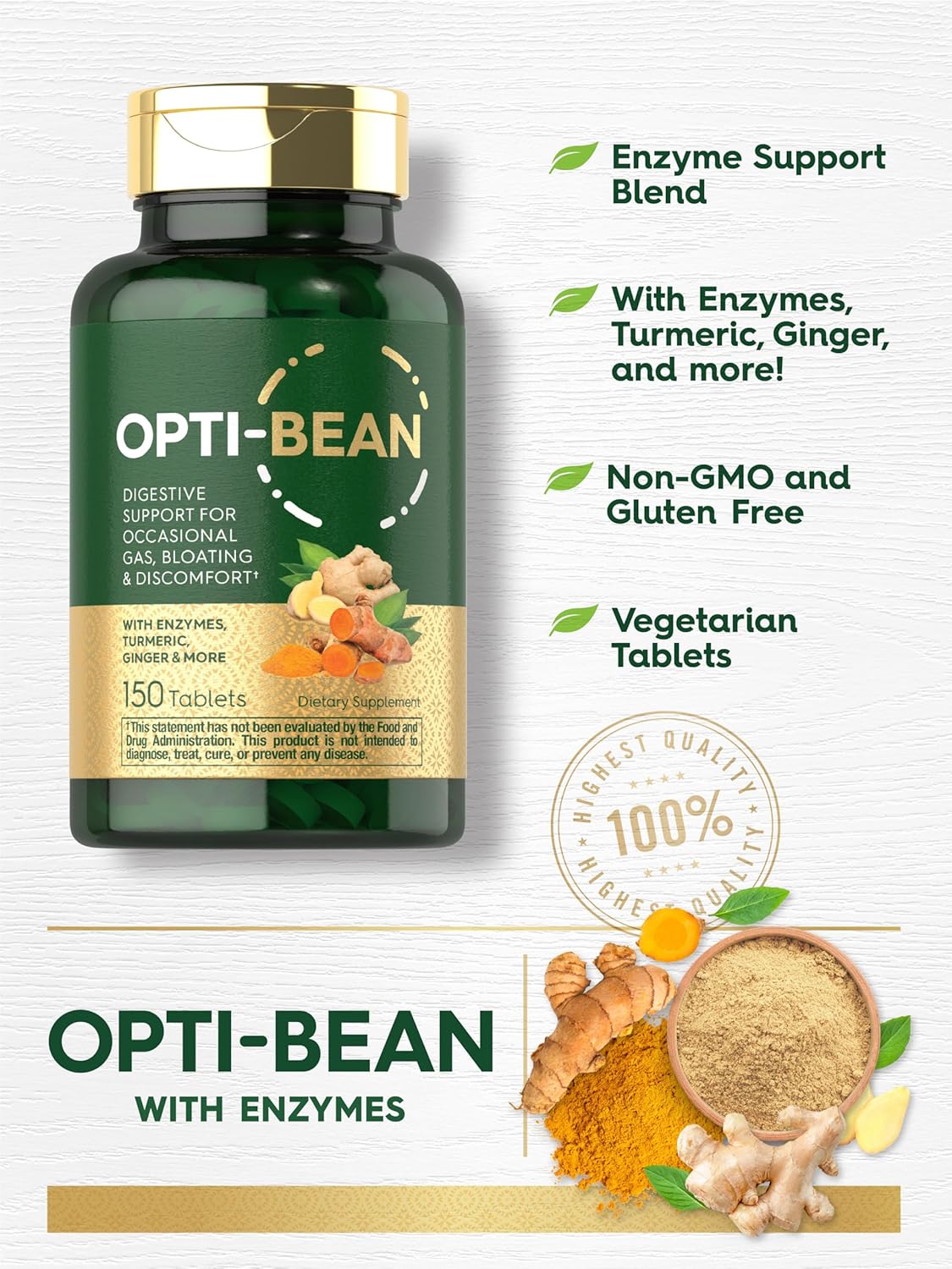 Carlyle Opti-Bean Enzyme Blend Supplement | 150 Tablets | Digestive Support for Gas, Bloating & Discomfort | Vegetarian, Non-GMO & Gluten Free