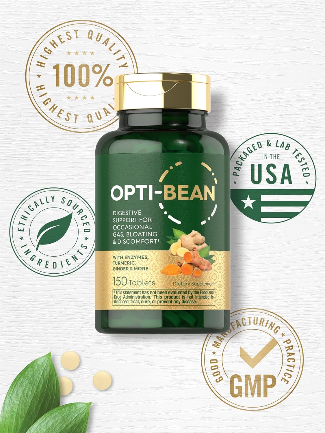Carlyle Opti-Bean Enzyme Blend Supplement | 150 Tablets | Digestive Support for Gas, Bloating & Discomfort | Vegetarian, Non-GMO & Gluten Free