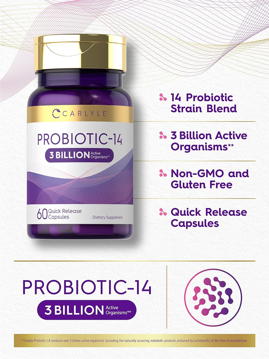 Carlyle Probiotic Capsules - 3 Billion CFU, 60 Count, 14 Strains - Non-GMO & Gluten Free