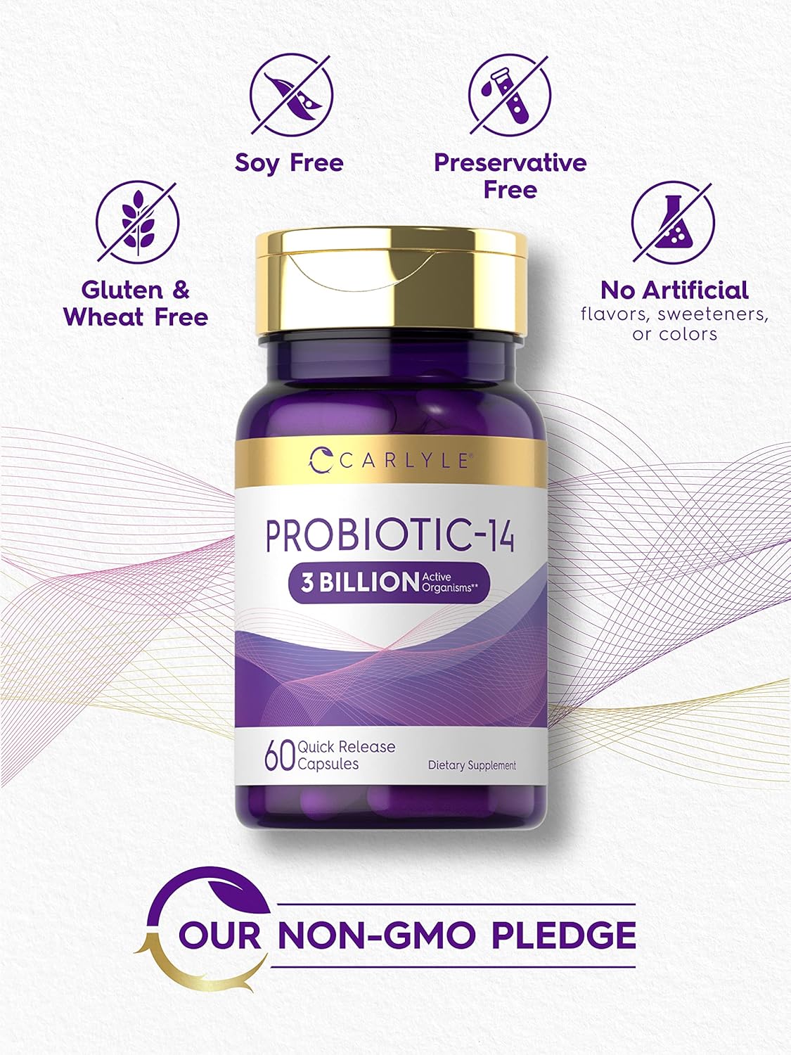 Carlyle Probiotic Capsules - 3 Billion CFU, 60 Count, 14 Strains - Non-GMO & Gluten Free