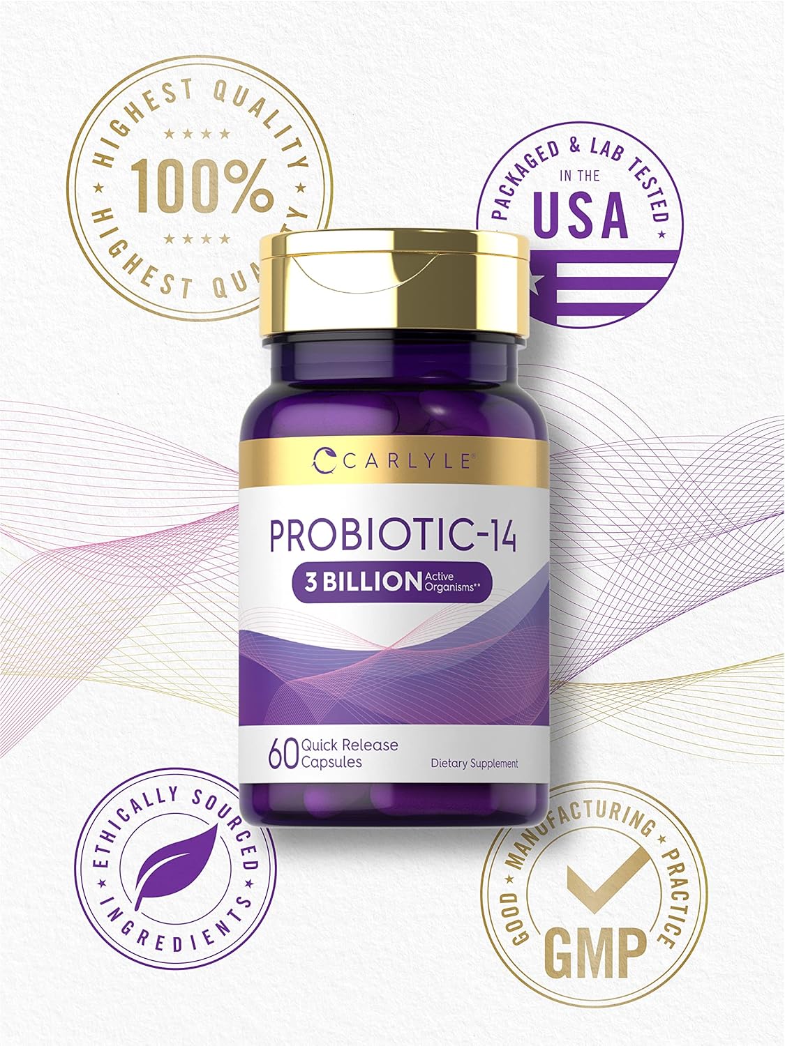 Carlyle Probiotic Capsules - 3 Billion CFU, 60 Count, 14 Strains - Non-GMO & Gluten Free