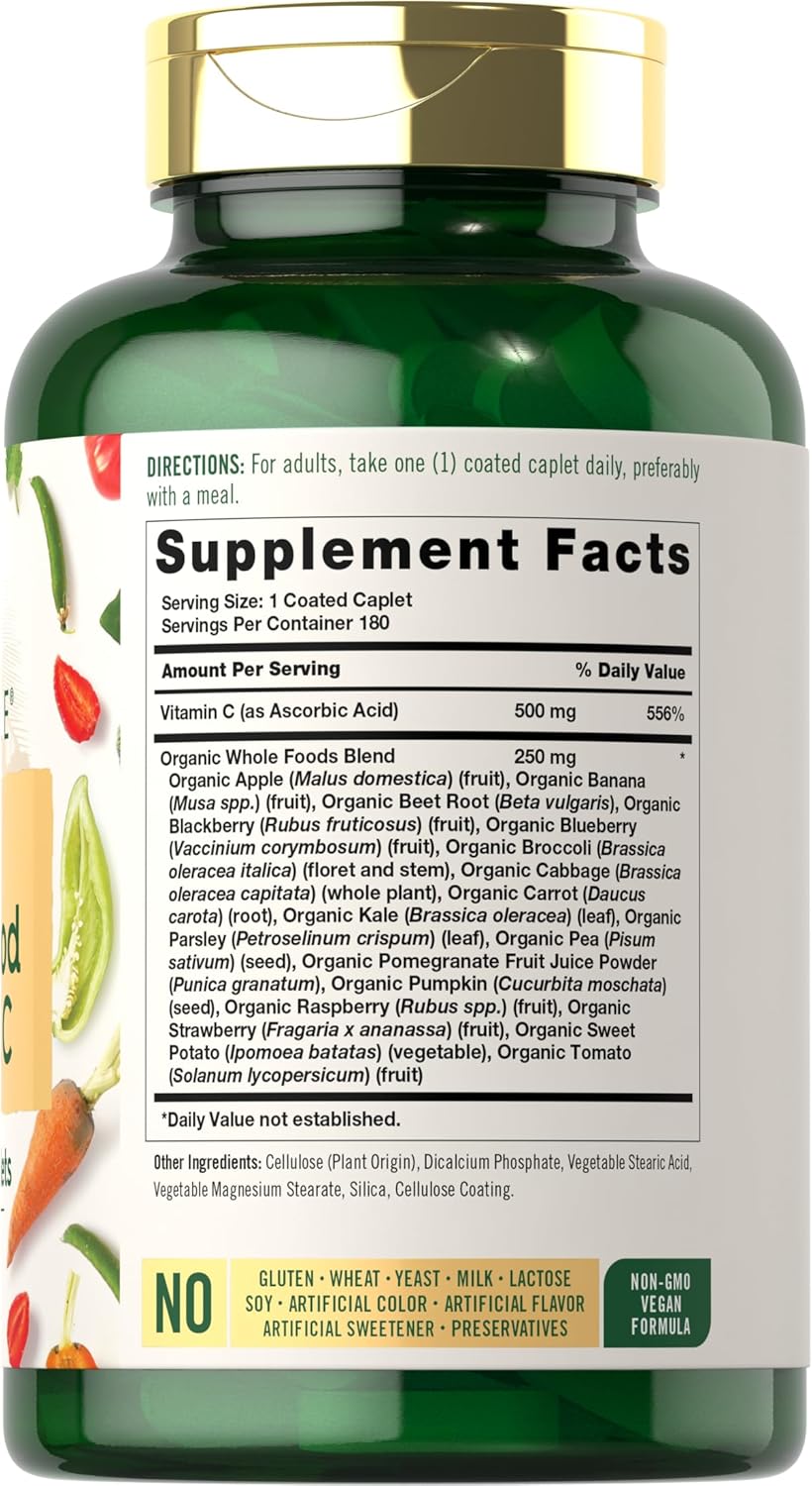 Carlyle Raw Whole Foods Vitamin C Caplets | 180 Count | Vegan, Non-GMO, Gluten Free Dietary Supplement
