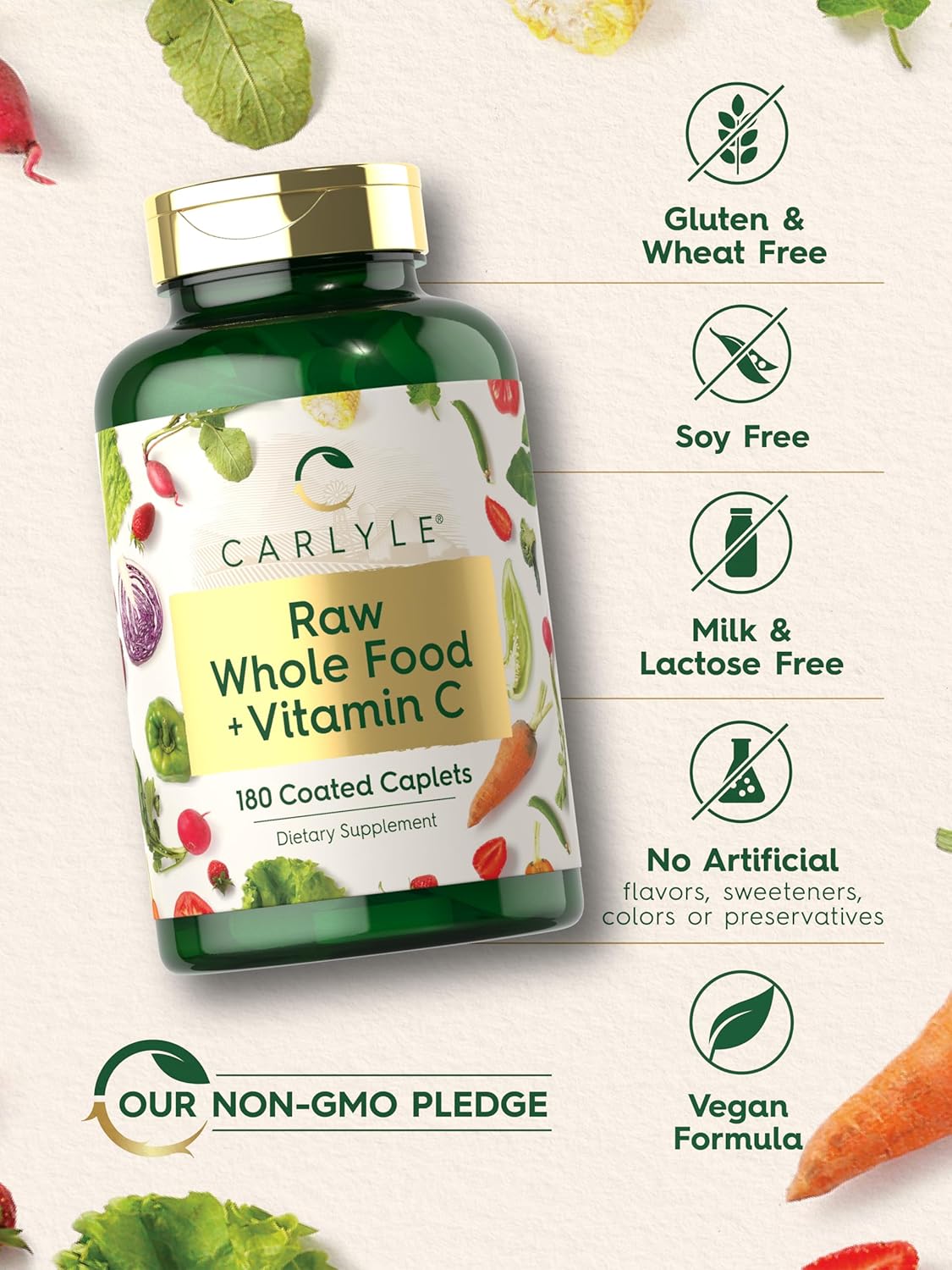 Carlyle Raw Whole Foods Vitamin C Caplets | 180 Count | Vegan, Non-GMO, Gluten Free Dietary Supplement