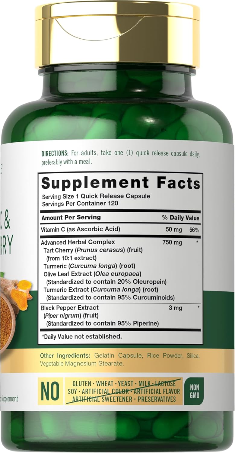 Carlyle Turmeric and Tart Cherry Capsules with Bioperine - 120 Count, Vegetarian, Non-GMO, Gluten Free Supplement