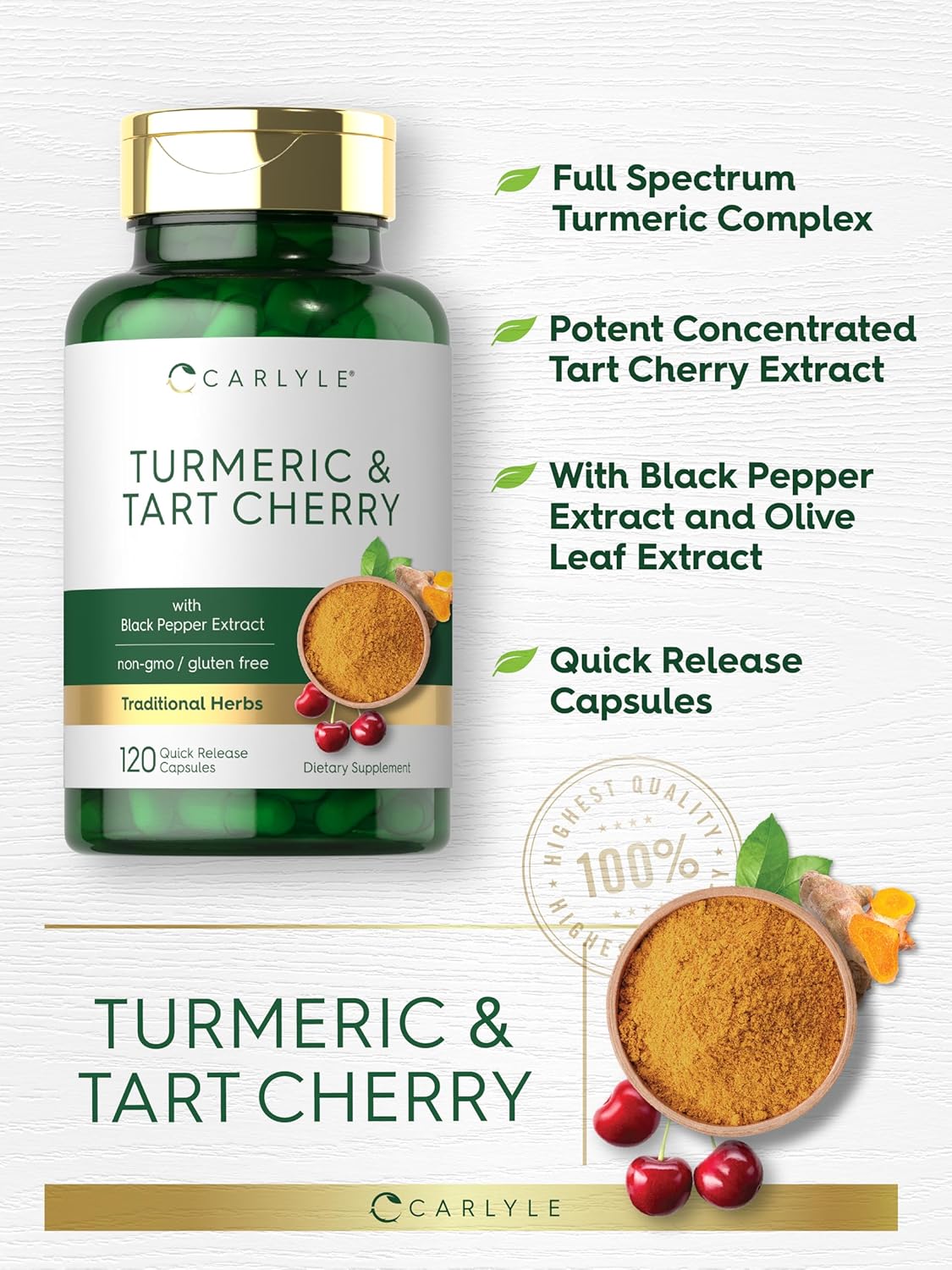 Carlyle Turmeric and Tart Cherry Capsules with Bioperine - 120 Count, Vegetarian, Non-GMO, Gluten Free Supplement