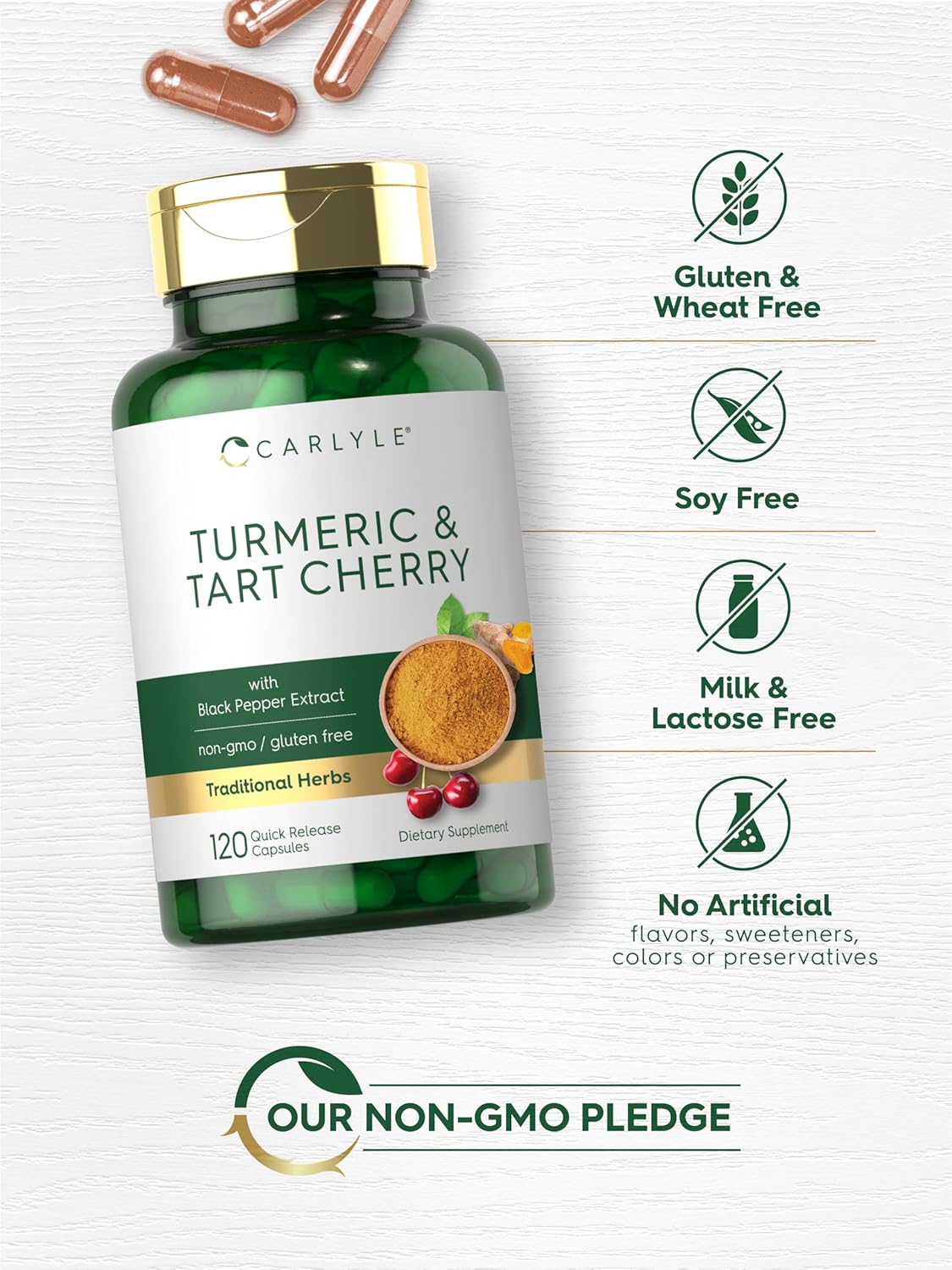 Carlyle Turmeric and Tart Cherry Capsules with Bioperine - 120 Count, Vegetarian, Non-GMO, Gluten Free Supplement