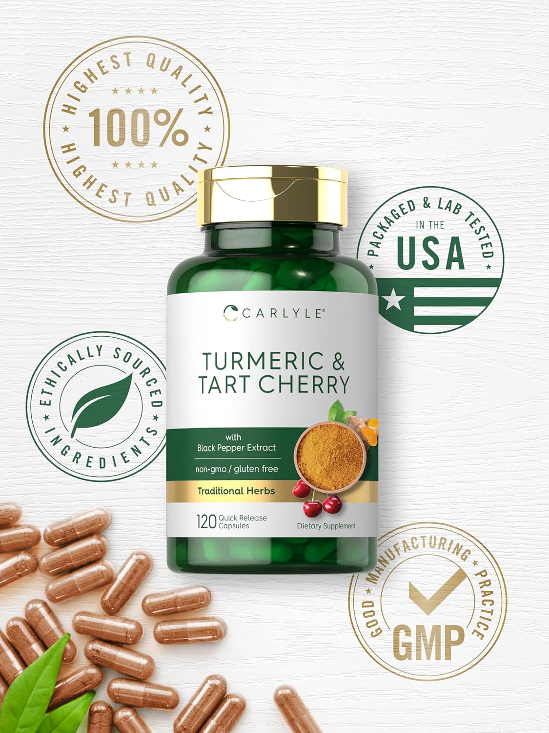 Carlyle Turmeric and Tart Cherry Capsules with Bioperine - 120 Count, Vegetarian, Non-GMO, Gluten Free Supplement