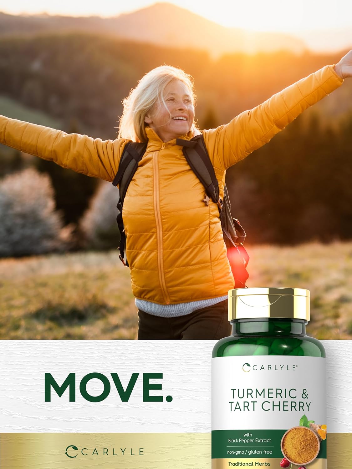 Carlyle Turmeric and Tart Cherry Capsules with Bioperine - 120 Count, Vegetarian, Non-GMO, Gluten Free Supplement