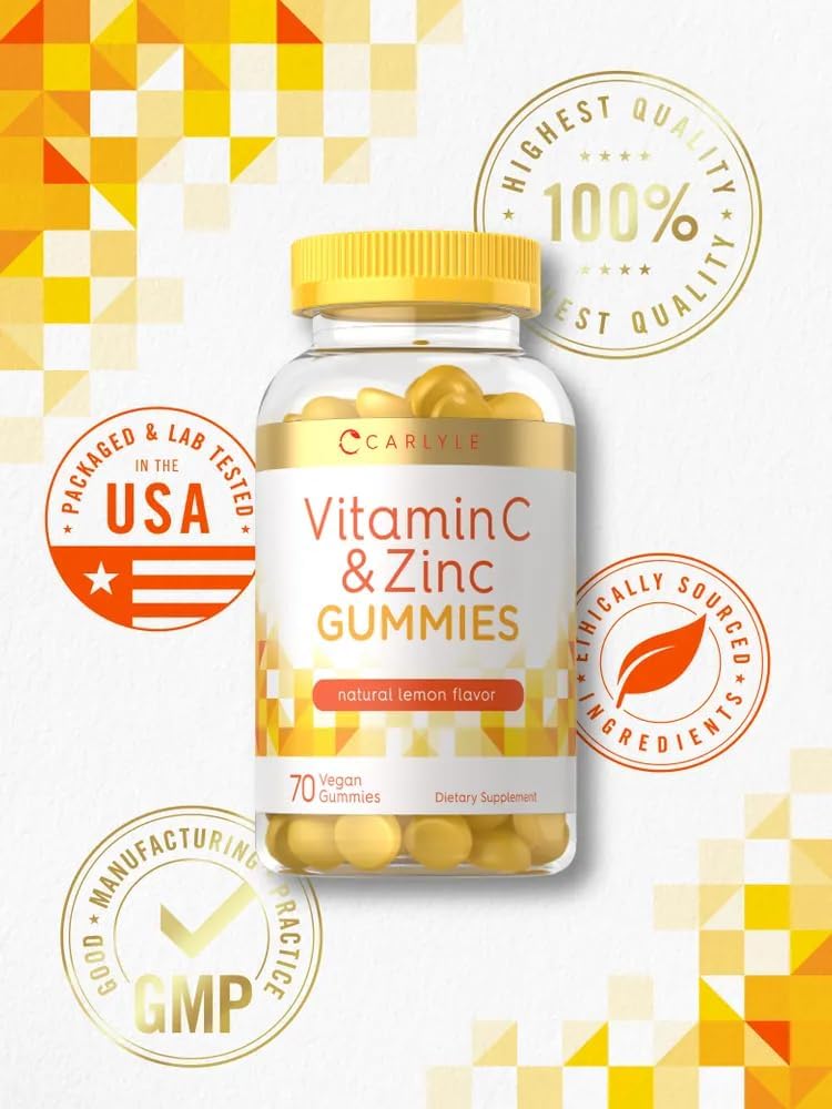 Carlyle Vitamin C and Zinc Gummies - 70 Count - Vegan, Non-GMO, Gluten Free - Lemon Flavor - Dietary Supplement - BoostGo Australia