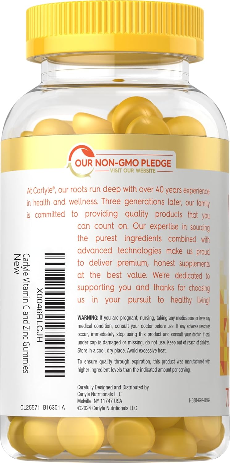 Carlyle Vitamin C and Zinc Gummies - 70 Count - Vegan, Non-GMO, Gluten Free - Lemon Flavor - Dietary Supplement - BoostGo Australia