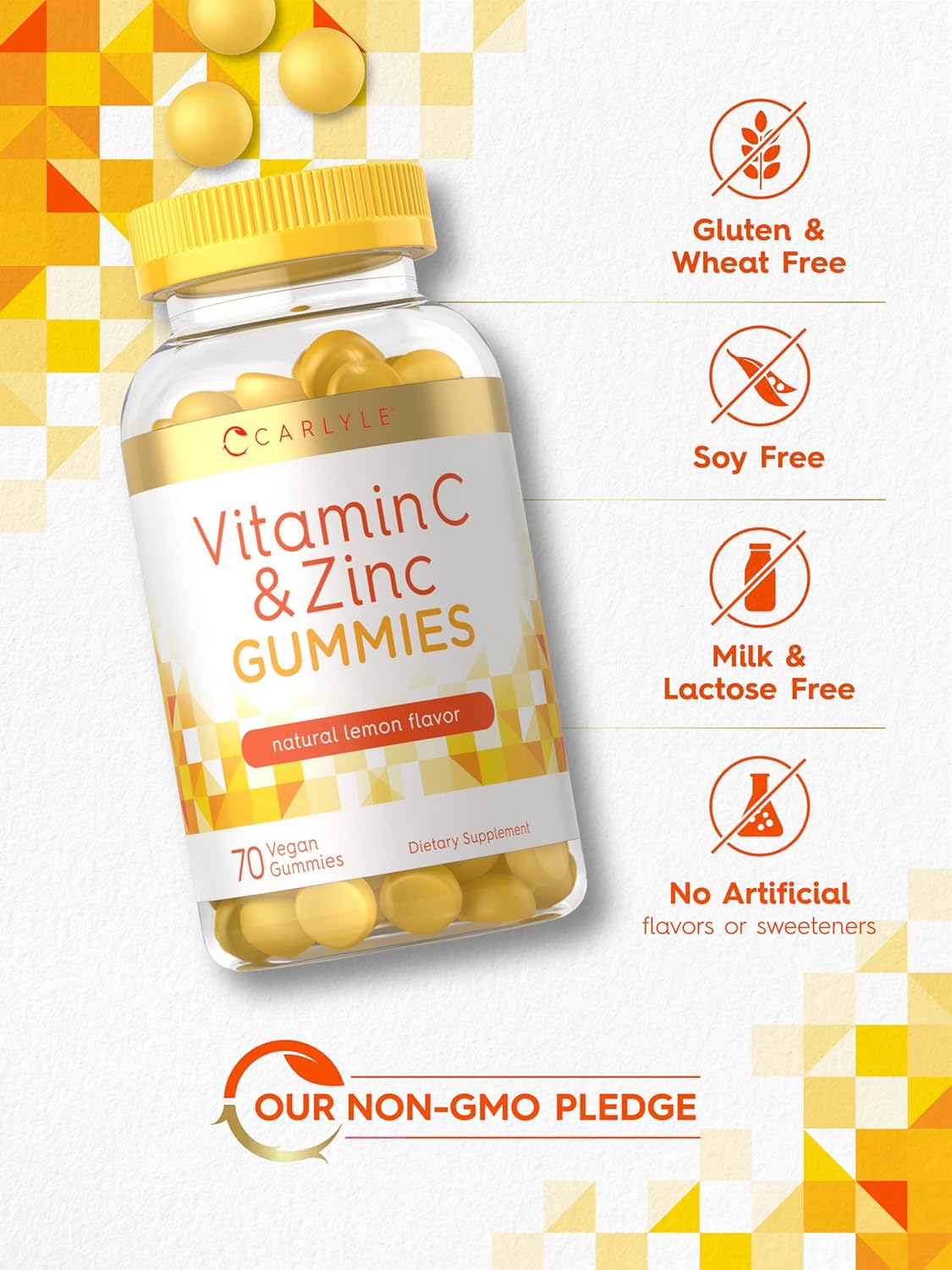 Carlyle Vitamin C and Zinc Gummies - 70 Count - Vegan, Non-GMO, Gluten Free - Lemon Flavor - Dietary Supplement - BoostGo Australia