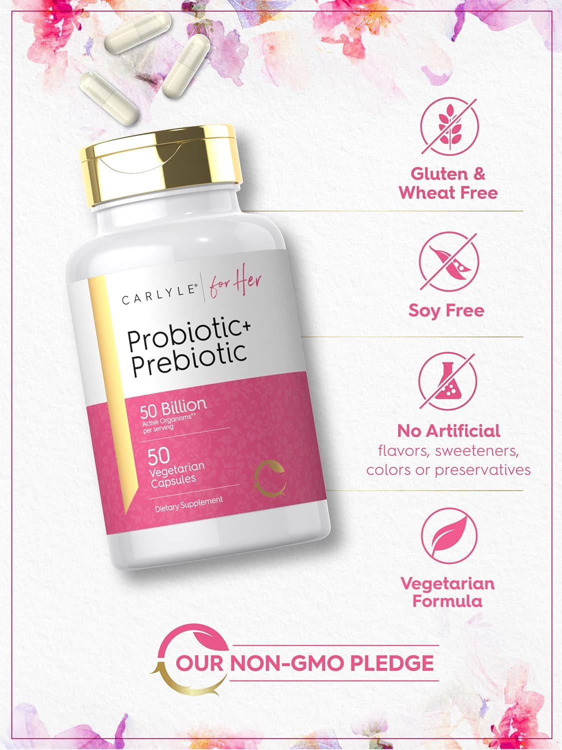 Carlyle Women's Prebiotic & Probiotic | 50 Billion Active Organisms | 50 Vegetarian Capsules