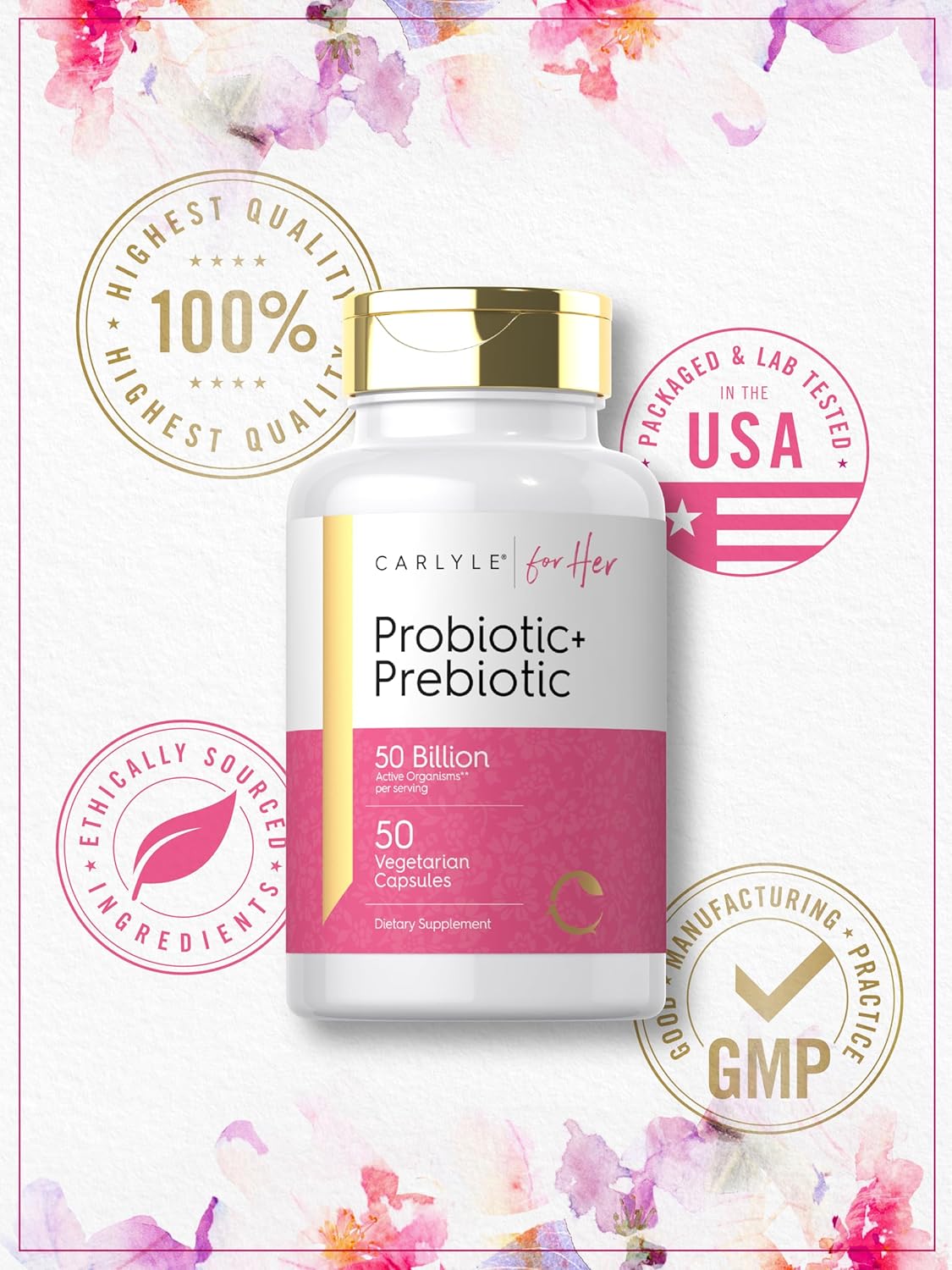 Carlyle Women's Prebiotic & Probiotic | 50 Billion Active Organisms | 50 Vegetarian Capsules