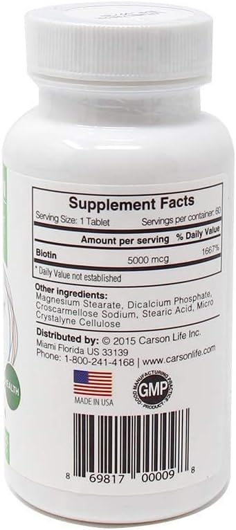 Carson Life Biotin Supplement for Hair Growth - 60 Tablets - Energy Boosting Vitamin Supplement for Men and Women - Made in USA