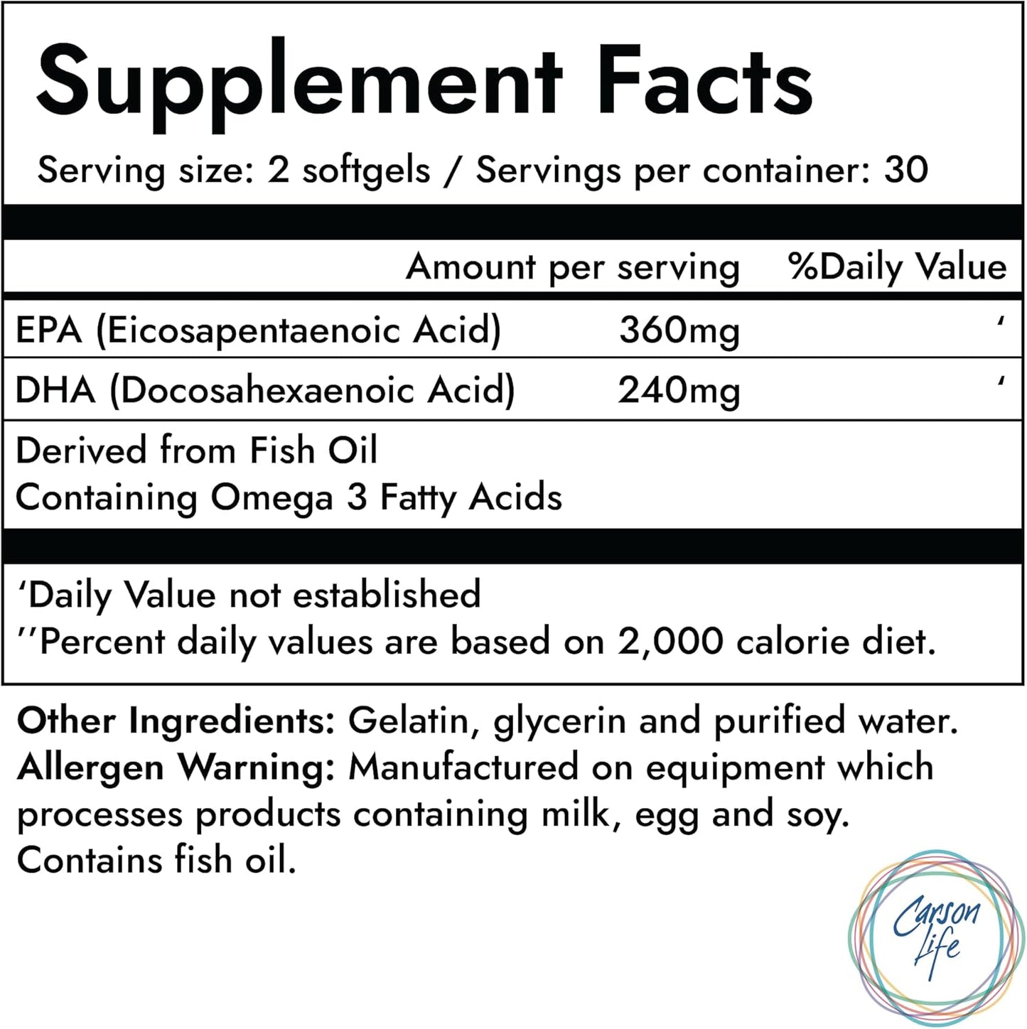 Carson Life DHA EPA Omega 3 Supplement - Brain Function Support Softgels - Made in USA - 60 Count