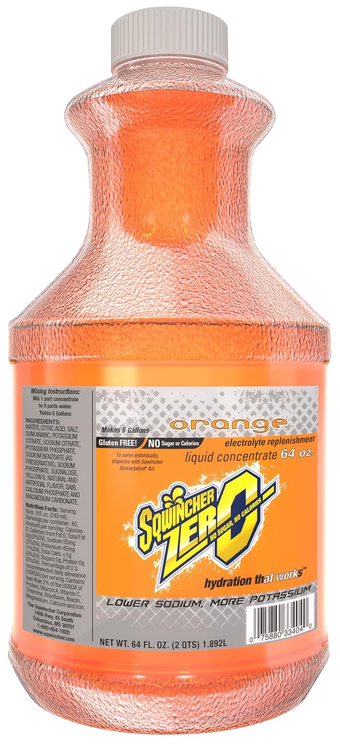 Case of 6 Sqwincher Zero Liquid Concentrate, Orange Flavor, 64 fl oz Each