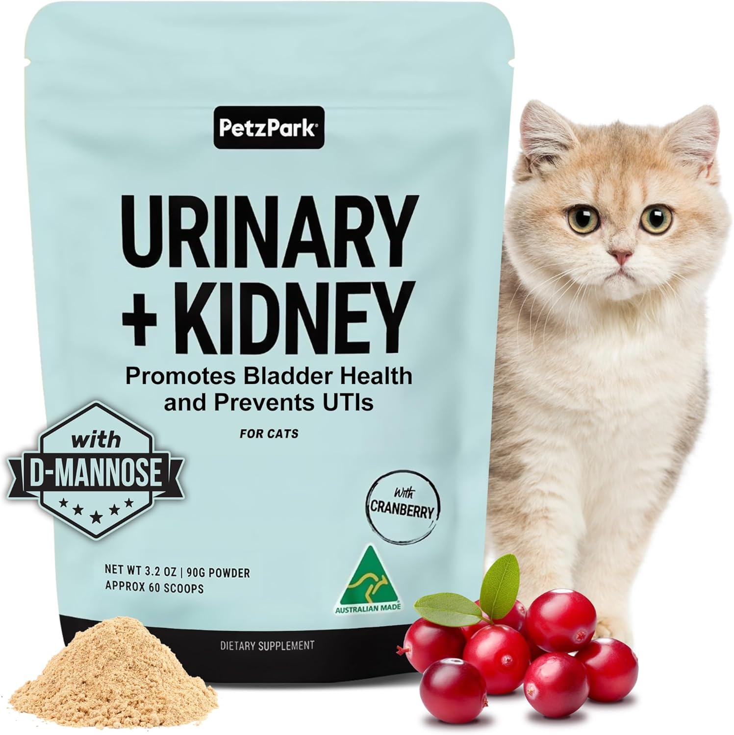 Cat UTI Treatment Powder - Cranberry, Nettle Seed, D-Mannose Supplement for Urinary Tract Health - Fast Relief & Prevention