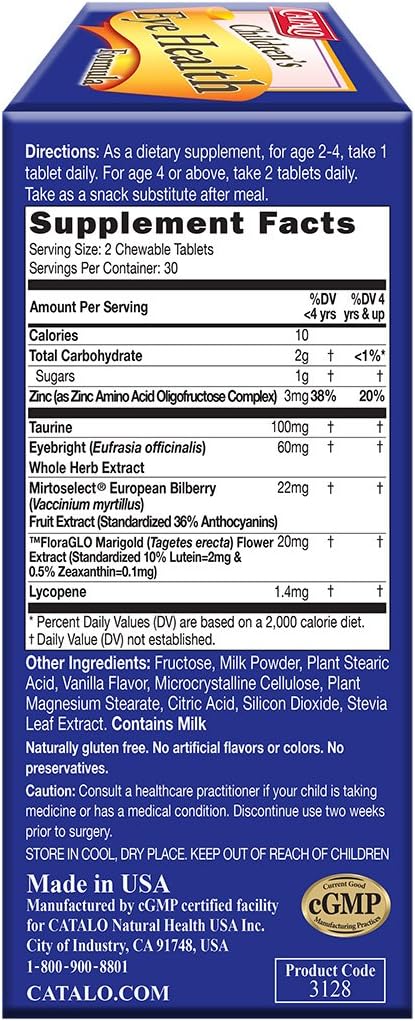 CATALO Children's Eye Health Formula with Bilberry, Lutein, and Zinc - Blueberry Flavor Chewable Tablets for Vision Support