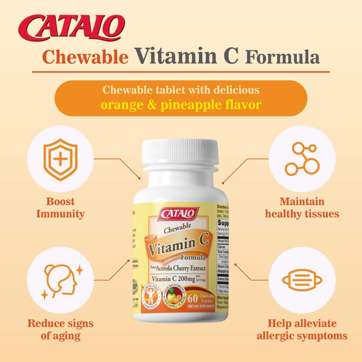 Catalo Natural Vitamin C Formula Chewable Tablets with Acerola Cherry - Immune Boost, Anti-Aging, Skin Rejuvenation, Allergy Relief, Orange & Pineapple Flavor - 60 Count, 200mg - Made in USA