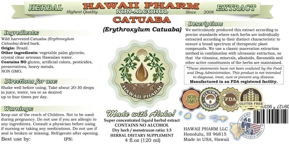 Catuaba Dried Bark Liquid Extract - Alcohol-Free Herbal Supplement - 2 oz Bottle by Hawaii Pharm