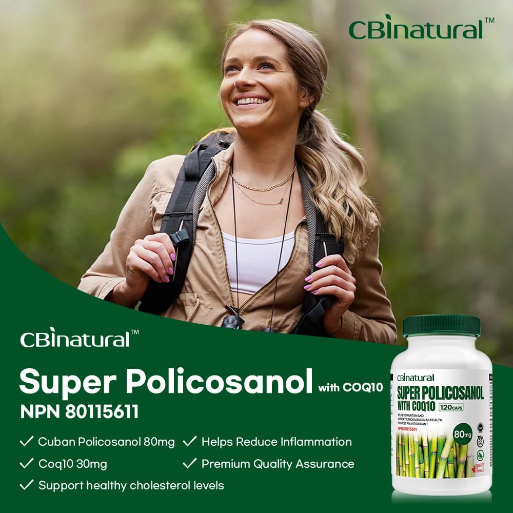 CBI Natural Super Policosanol 80mg with CoQ10 30mg, 120 Vegan Capsules - 4 Month Supply