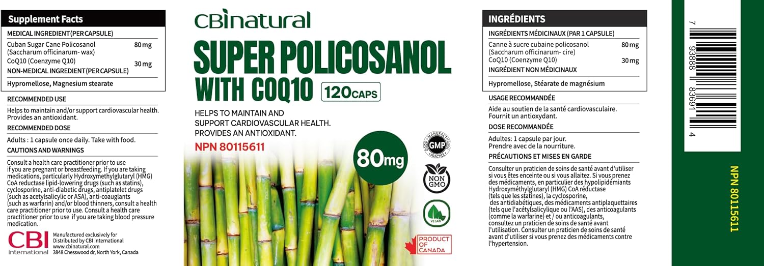 CBI Natural Super Policosanol 80mg with CoQ10 30mg, 120 Vegan Capsules - 4 Month Supply