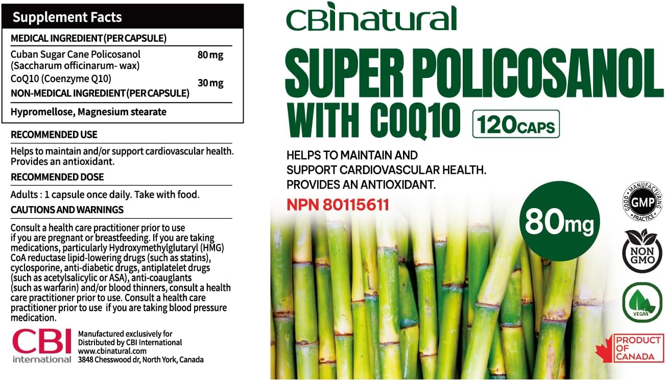 CBI Natural Super Policosanol 80mg with CoQ10 30mg, 120 Vegan Capsules - 4 Month Supply