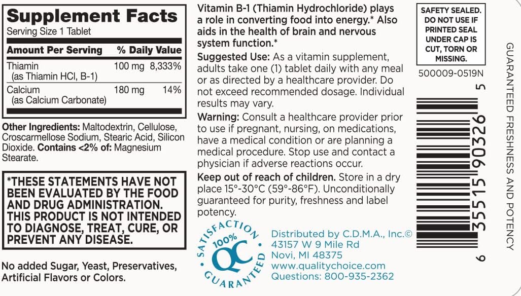 CDMA QC VIT B-1 100MG Quality Choice 100 Count Tablets