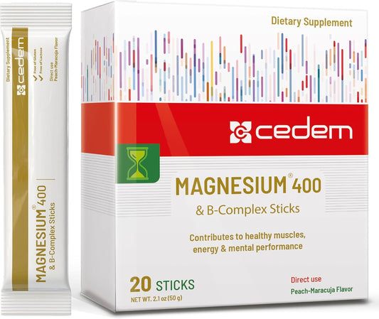 CEDEM Switzerland Peach Magnesium 400mg Powder Sticks with B Vitamins - Supports Bone Health and Energy - 20 Sachets
